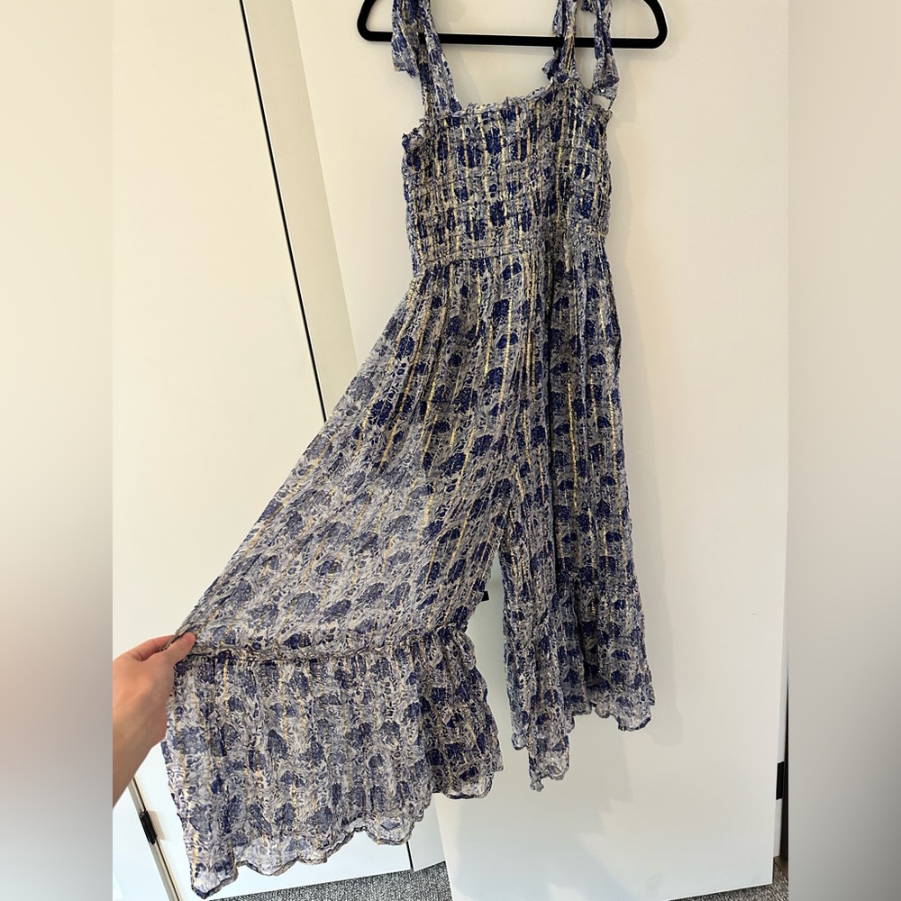 Anthropologie Ne Quittez Pas Hampstead Tie Strap Wide Leg Jumpsuit Blue Gold